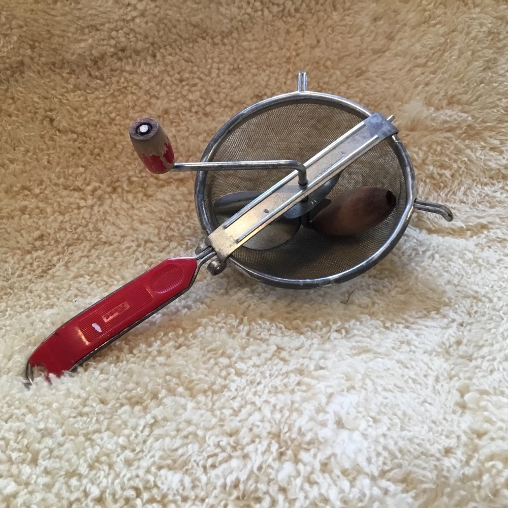 Vintage Metal Hand Crank flour sifter with Red wood handle- off the grid